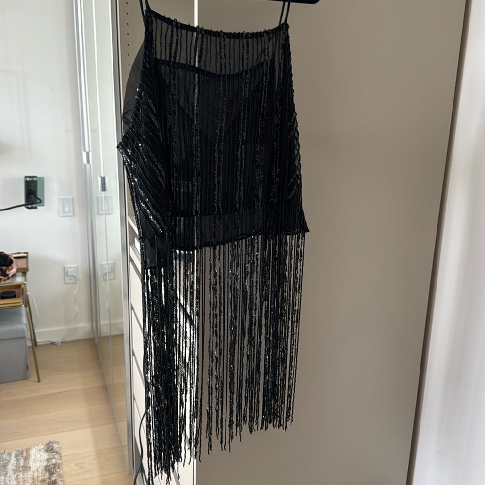 Anthropologie Black Beaded Fringe Tank